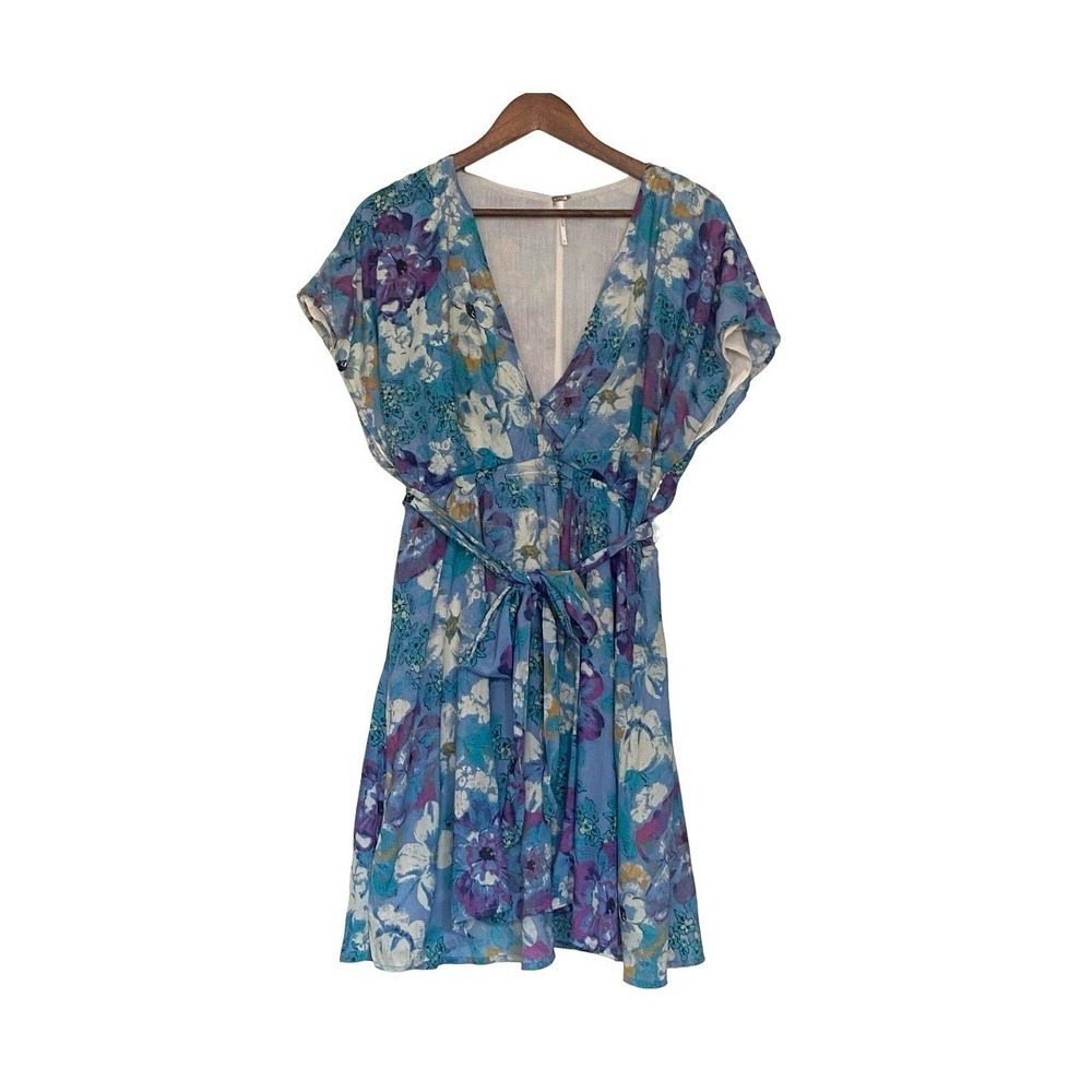 Free People Floral Mini Dress Blue Purple L Modal Tie Waist Deep V Neck Women's